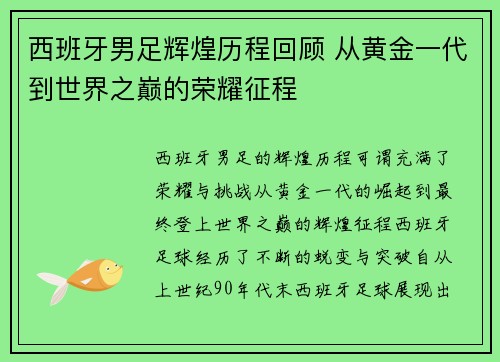 西班牙男足辉煌历程回顾 从黄金一代到世界之巅的荣耀征程
