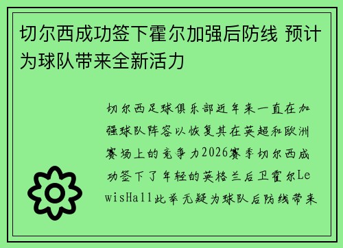 切尔西成功签下霍尔加强后防线 预计为球队带来全新活力