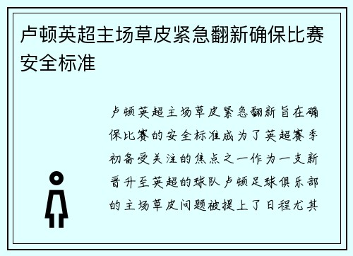 卢顿英超主场草皮紧急翻新确保比赛安全标准